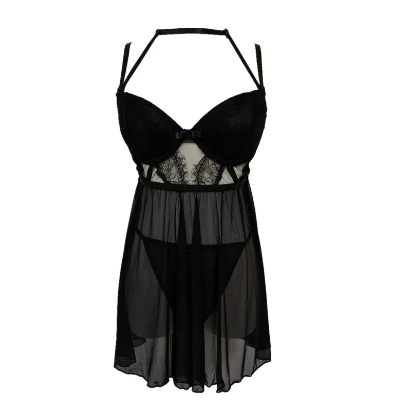 

Congsha black sexy lingerie with suspender nightdress thin transparent sexy midnight charming private pajamas hot