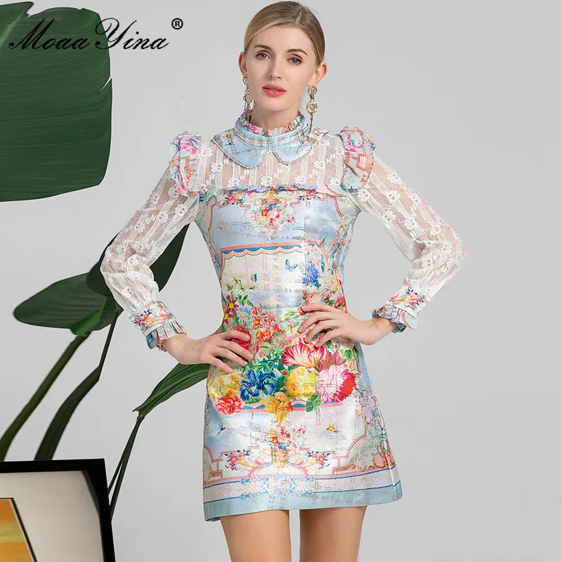 

MoaaYinaFashion дизайнерское осеннее короткое винтажное платье для женщин с воротником-стойкой, длинным рукавом, бисером, цветочным принтом, вечер...