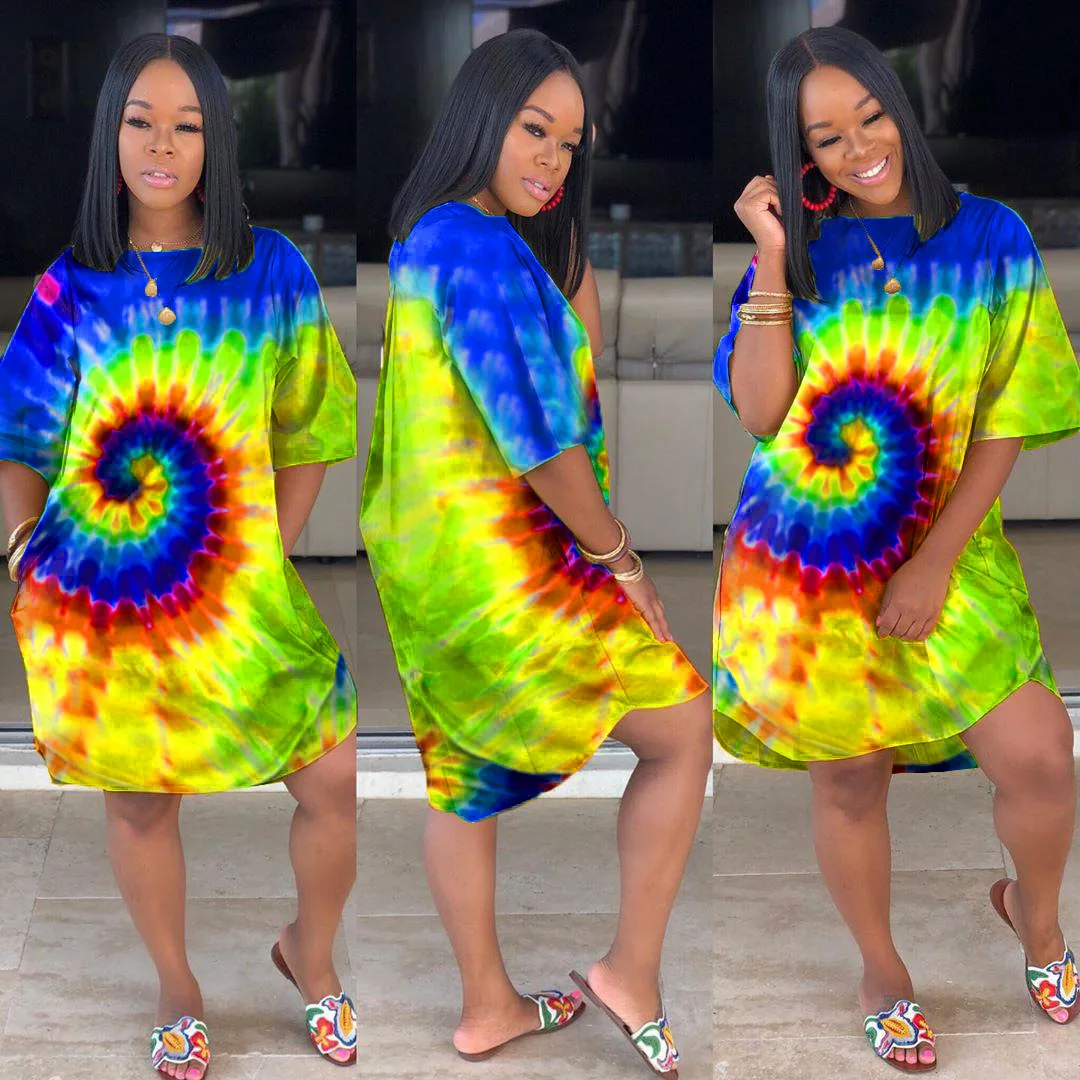 HAOYUAN Tie Dye, платье размера плюс, женская осенняя одежда, Robe Femme, больше размера d, Vestido, сексуальное Клубное рождественское платье, свободная футболка, платья