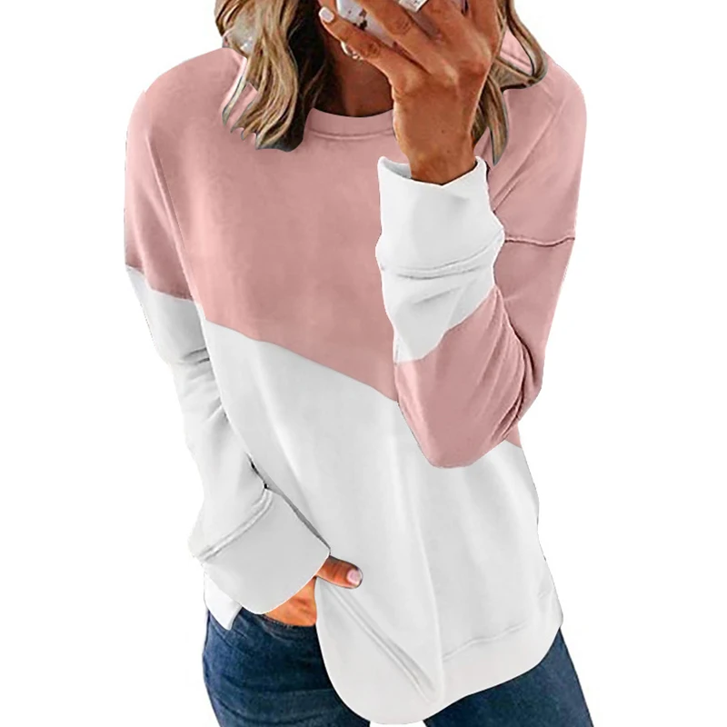 

Spring Autumn Women's Stitching Contrast Color Block Fashion and Beautiful Design Round Neck Long Sleeves Tops Streetwear Loose