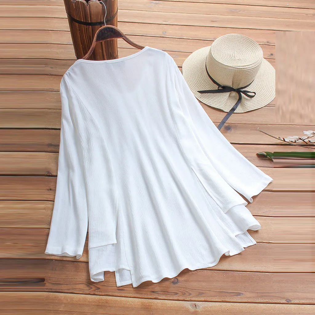 Блузка женская размера плюс с длинным рукавом свободная рубашка круглым вырезом