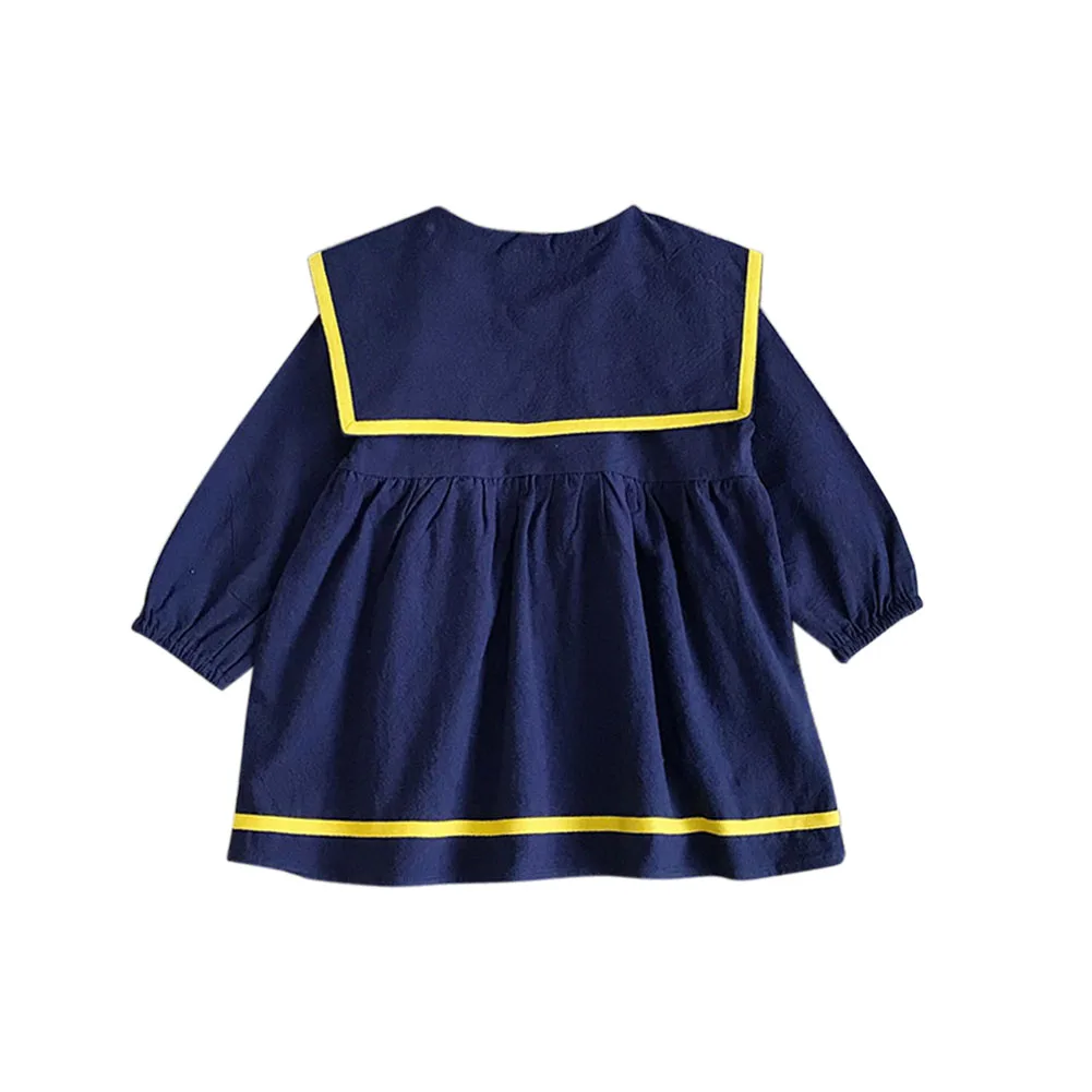 Pretty Girls Spring Fall Navy Style Baby Girl Clothes Turn-Down Collar Dresses Cute Long Sleeve Casual Loose Party | Детская одежда и