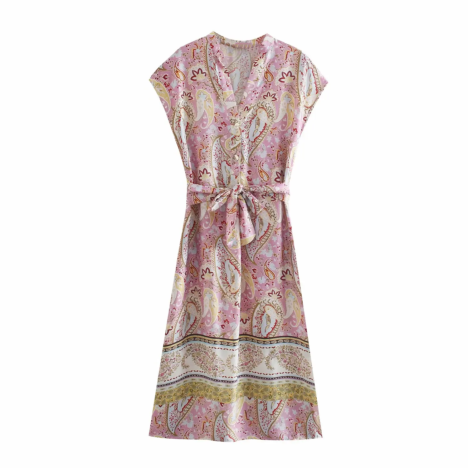 

Женское винтажное платье-рубашка с поясом и V-образным вырезом, без рукавов, на пуговицах