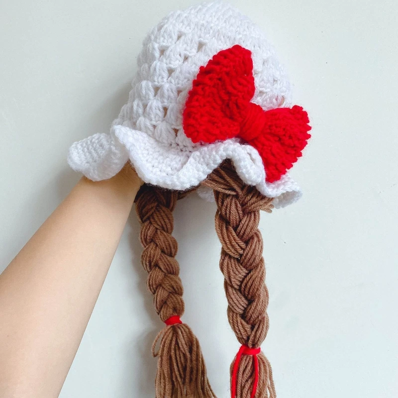 

New Cute Idyllic Handmade Knitted Baby Girl Twist Braid Hat Infant Wigs Brades Kid Crochet Caps with Plaits Photography Props