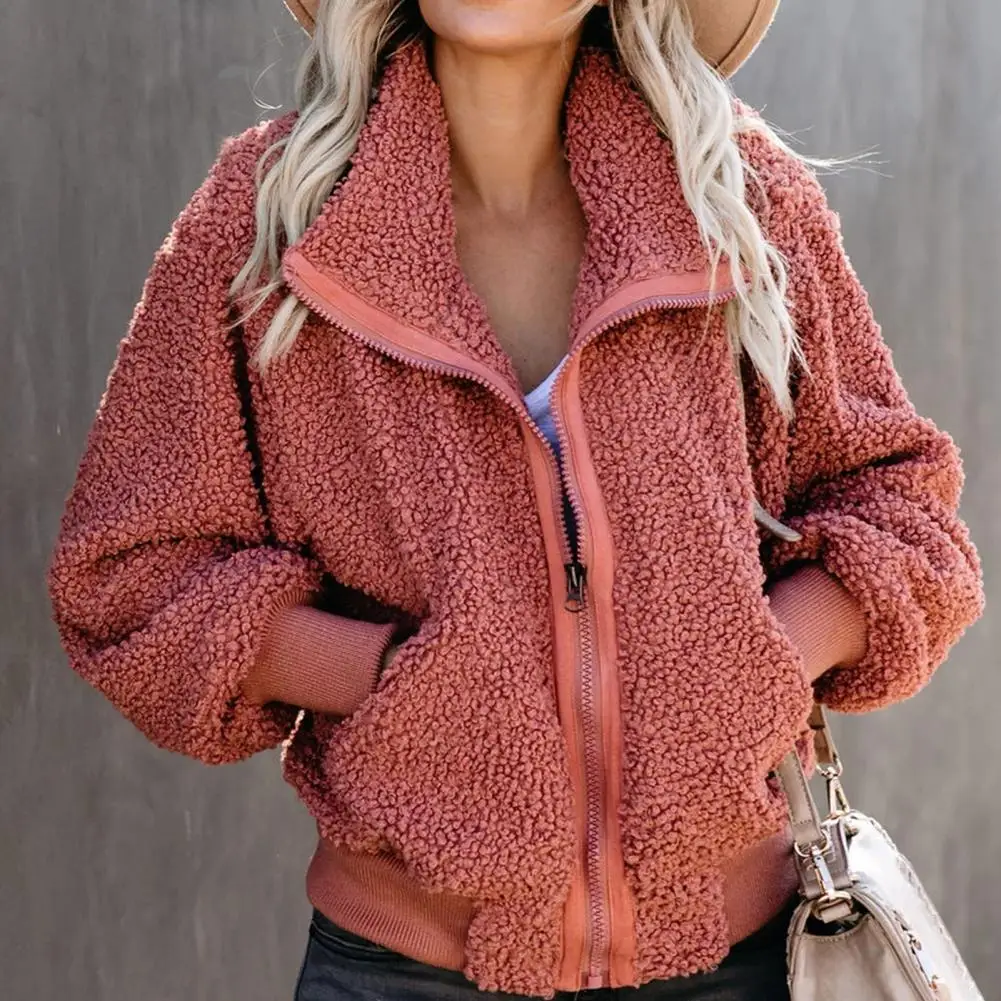 

Autumn Winter Coat for Women Solid Color Warm Fleece Jacket Coat Women Zipper Pockets Lapel Collar Oversized Coat Women Jacket