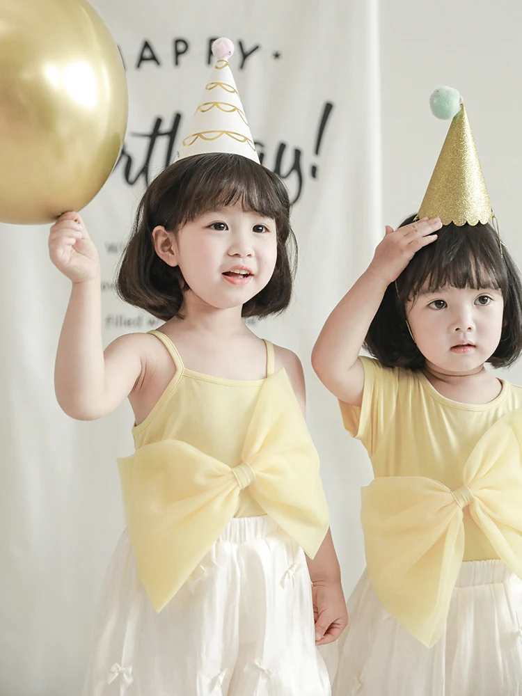 Детская летняя футболка с коротким рукавом газовый топ бантом для девочек новый