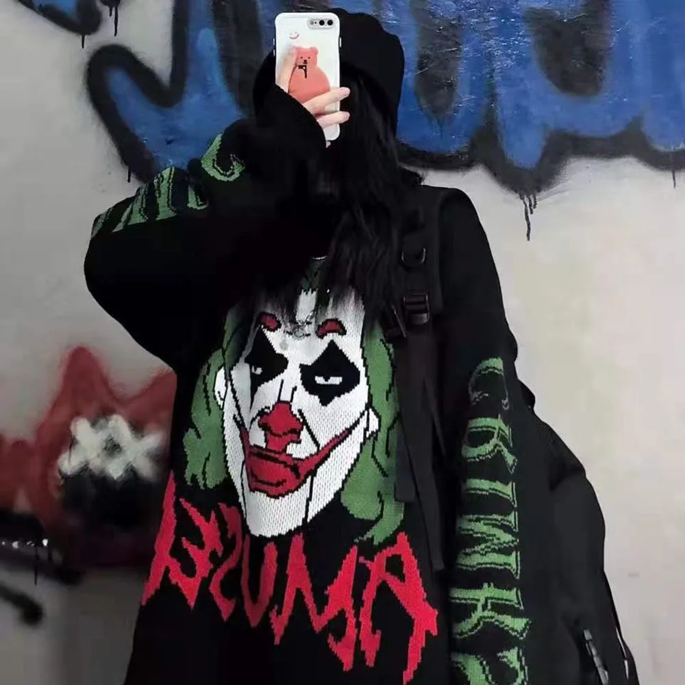 Осенний женский свитер свободный ретро жаккардовый Вязаный топ с буквами клоуна