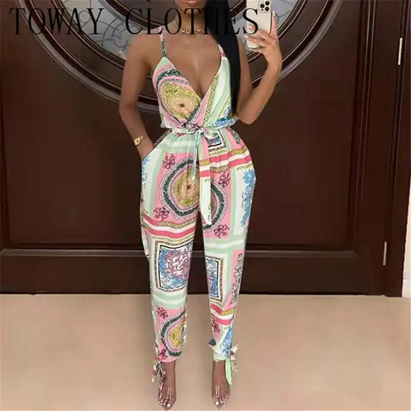 

Женские летние комбинезоны на бретельках с V-образным вырезом и принтом