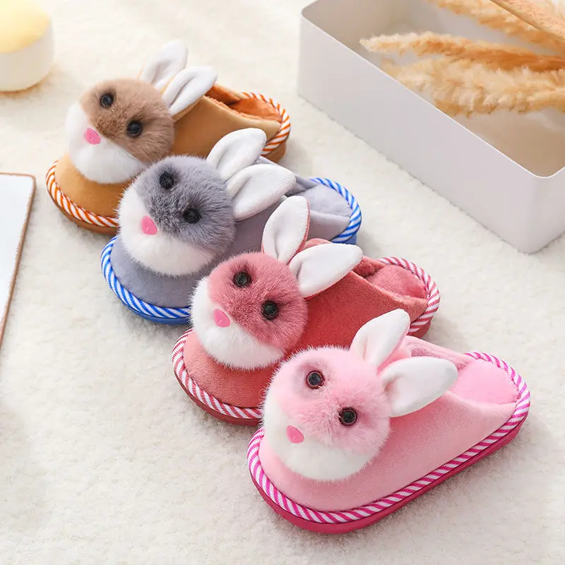 Розовые Тапочки с кроликом Милая детская зимняя домашняя обувь Детские плюшевые