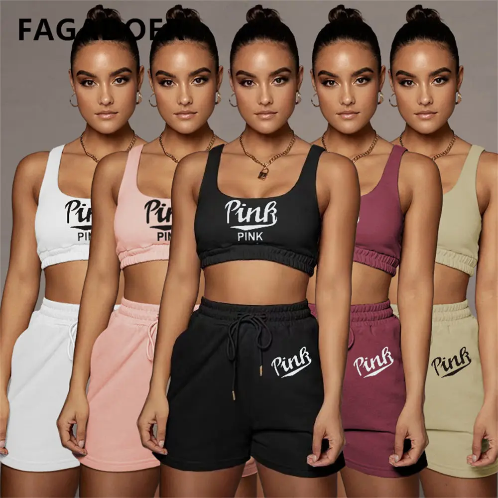 

FAGADOER Solid Pink Letter Vest Sports Two Piece Sets Summer Sexy Square Collar Top And Drawstring Short Suits Casual Tracksuit