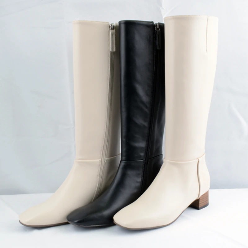 

Spring Autumn Long Boots Leather Women Knee High Boots Pointed Toe Boots Women Long Chunky Block High Heels Boots Black Apricot