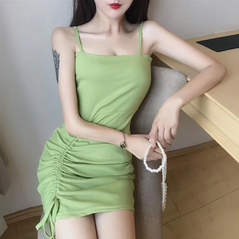 

Hot Sexy Ladies Dresses Solid Color Spaghetti Strap Sleeveless Slash Neck Pleated Sheath Dresses Slim Fit Women Dresses