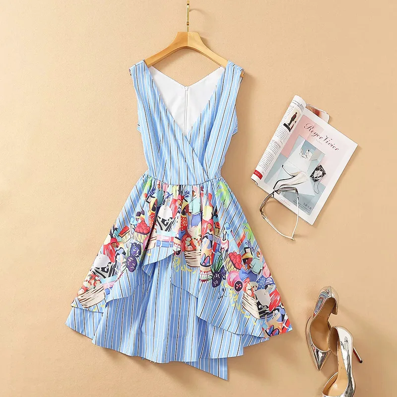

2021 Spring Summer Dress Knee Length Sleeveless Empire V Neck Flora Print Fashion Dress Sequins