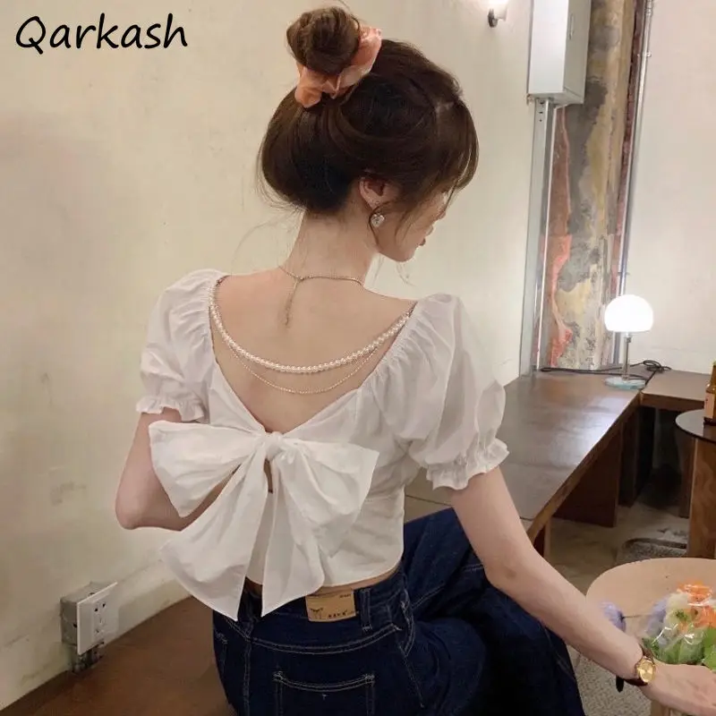 

Blouses Women Solid Slim Crop Top Summer Big Bow Design Sweet Korean Style Party Female Puff Sleeve Retro Elegant Sexy Ins Chic