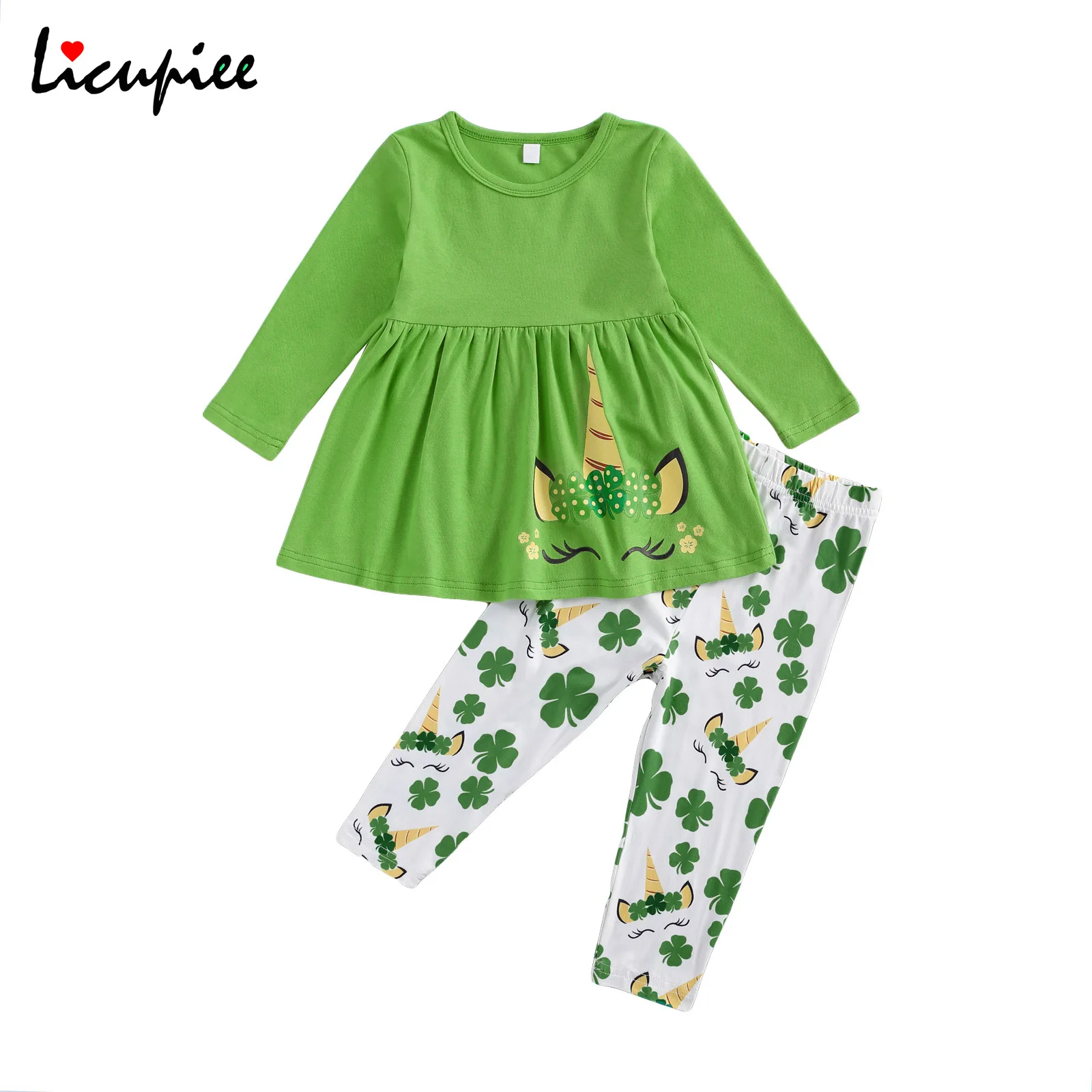 

Girl\u2019s 2pcs Clothes Set Long Sleeve Ruffled Hem Tops with Lovely Animal Pattern Clover Printed Elastic Long Pants 2-7 Year