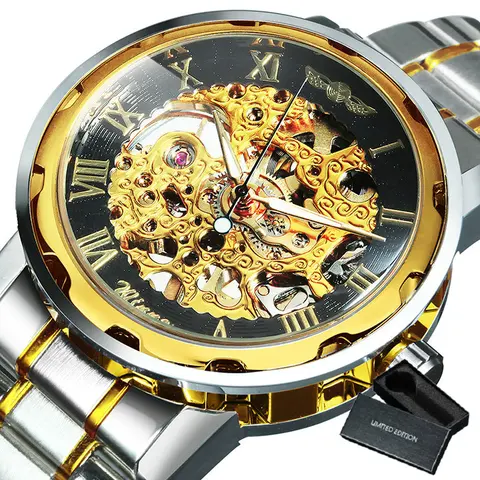 Мужские механические наручные часы WINNER золотые часы Скелетон, мужские часы с ремешком из нержавеющей стали, Роскошные мужские часы ведущей марки 2023