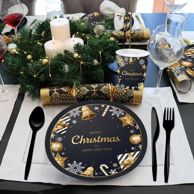 PATIMATE Black Gold Tableware Christmas Tableware Merry Christmas Decoration For Home Table Happy New Year Decor Navidad