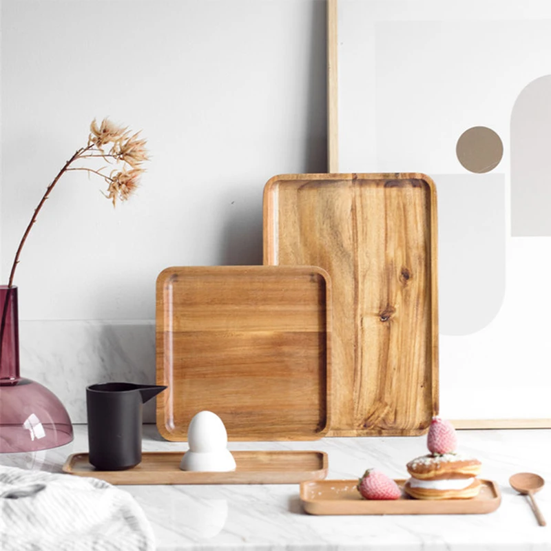 

1Pcs Acacia Wood Serving Tray Square Rectangle Breakfast Sushi Snack Bread Dessert Cake Plate With Easy Carry Grooved Handle