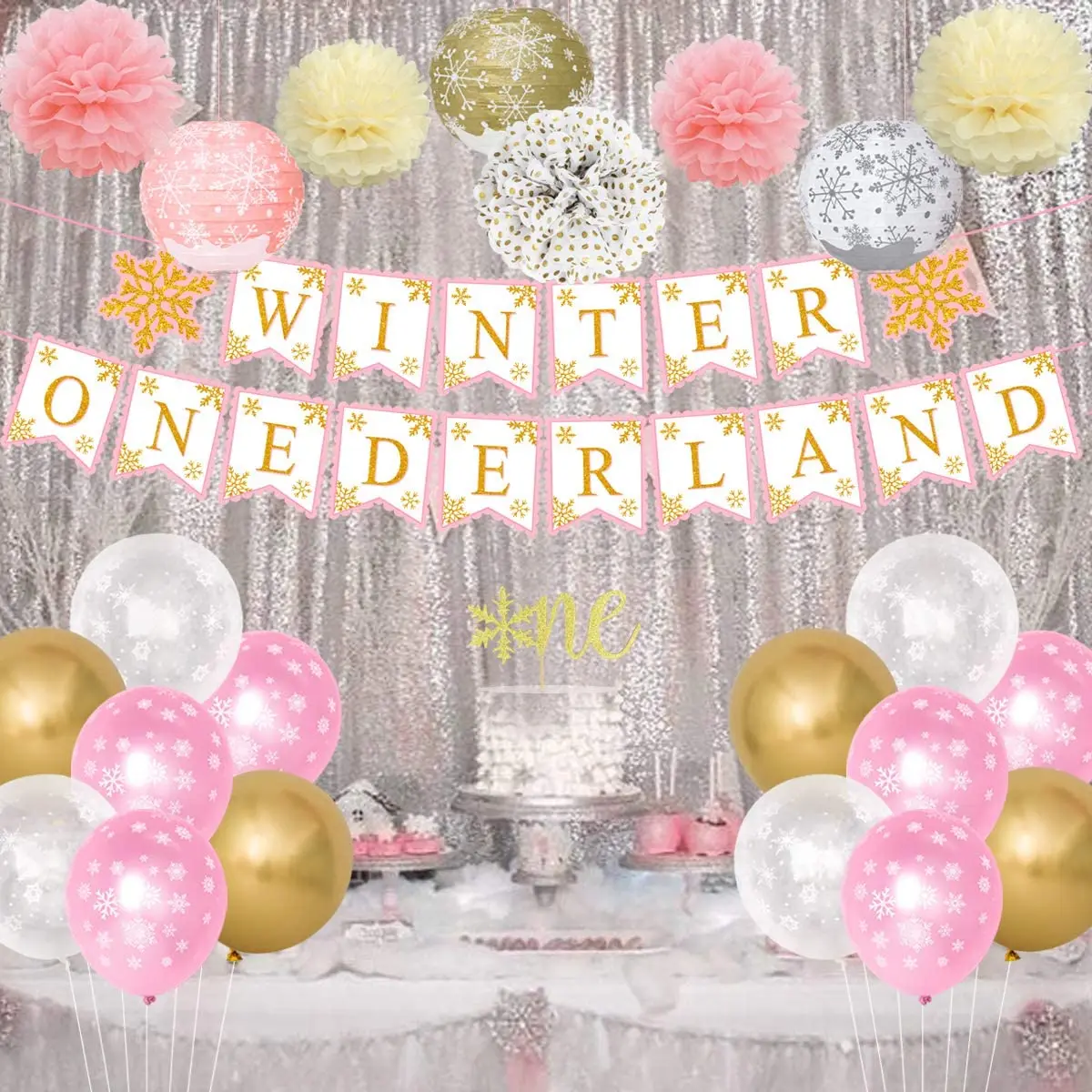 Decoraciones de cumplea&ntilde;os para ni&ntilde;a, copo de nieve de invierno de oro rosa, suministros de primera fiesta, conjunto de copo de nieve congelado, flores de papel, Topper de una primera tarta-1