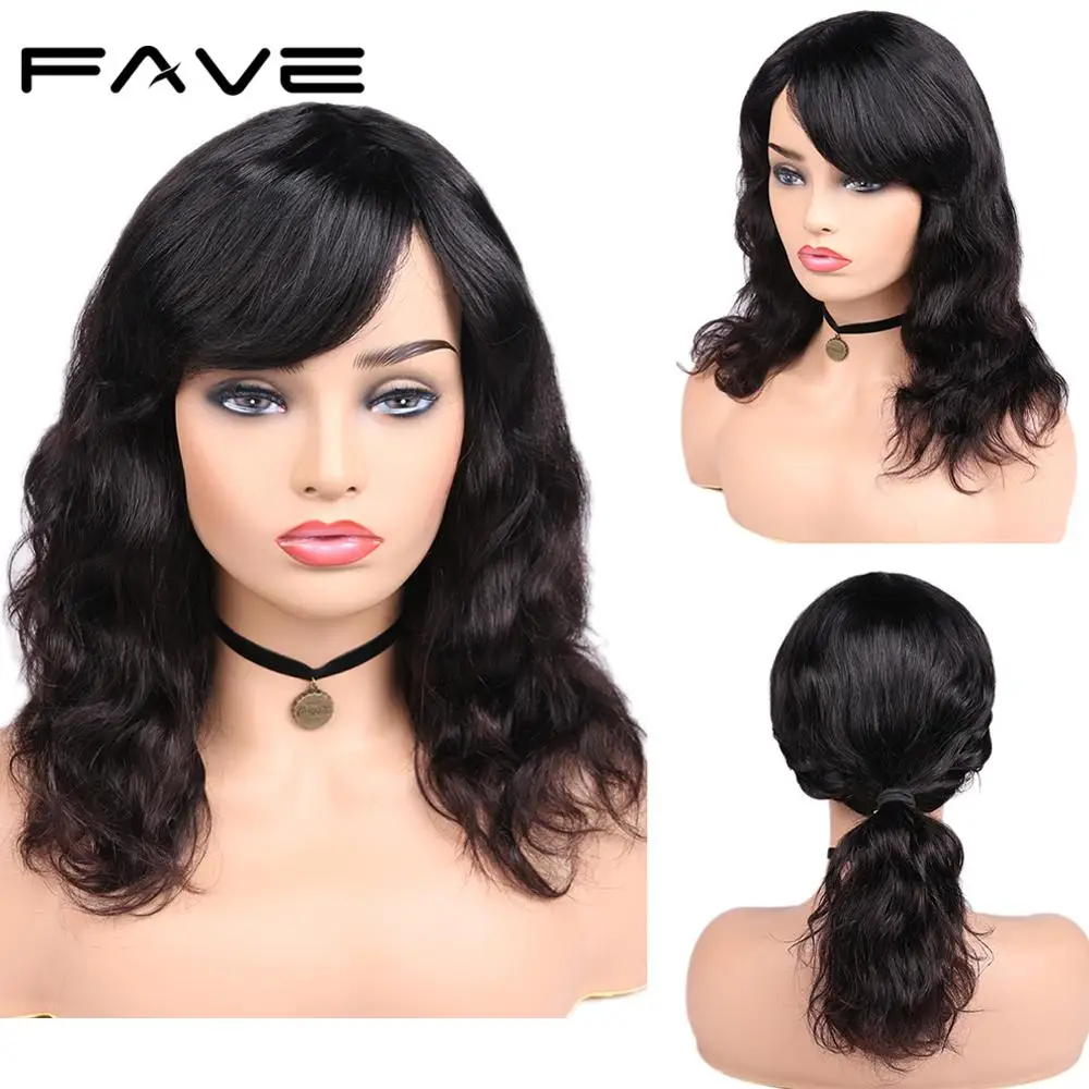 

FAVE Brazilian Human Hair Wigs Body Wave With Bangs Wig Natural Black 150% Density 12-18" Free Shipping Lovely Remy Hairstyle