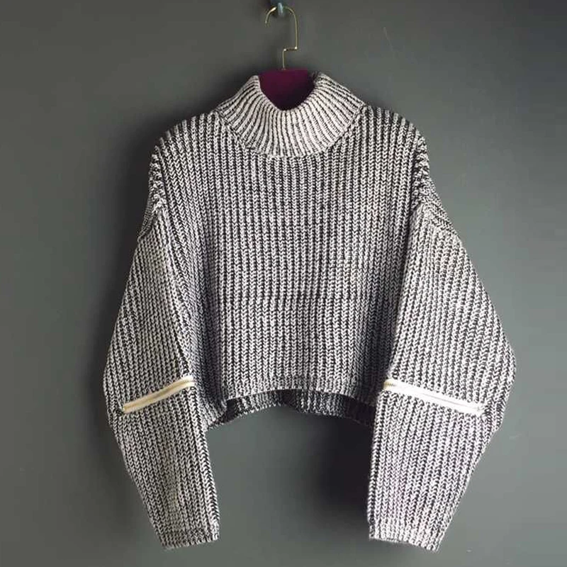 Женский однотонный винтажный свитер укороченный вязаный с длинным рукавом и