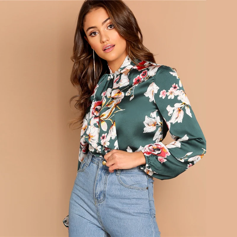 SHEIN Стильный Топ С Цветочным Принтом Женские Осенние Элегантные Блузки С Цветочным Принтом И Длинным Рукавом