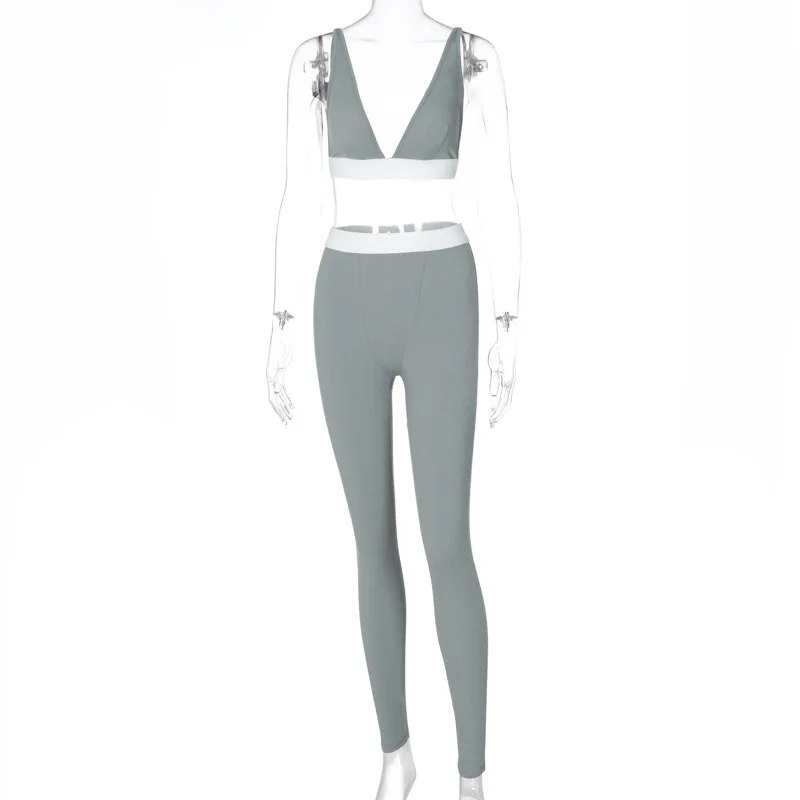 

2021 Sexy 2 Piece Set V Neck Cropped Top and Pants Leggings Ribbed Knit Casual Suit Women Workout Tracksuits New