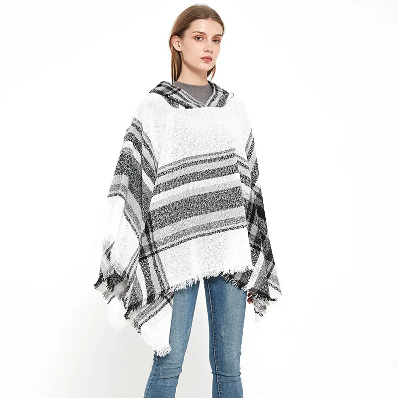

Autumn and Winter Hot Sale Christmans Cloak Shawl Women's Outdoor Keep Warm Loops Yarn Plaid Soft Scarf Shawl with Hat Women