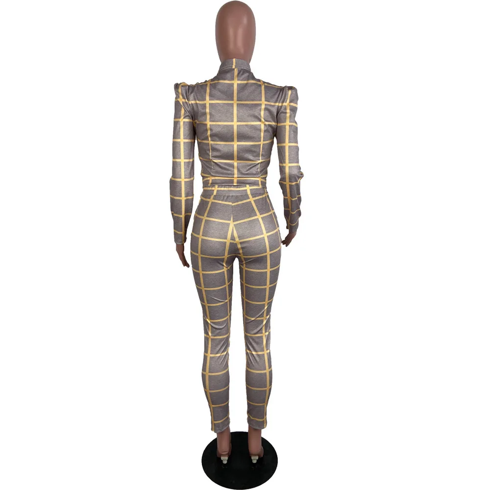 

Plaid Print Long Sleeve Buttons Up Slim Tops+skinny Pencil Legging Women's Tracksuit Office Lady Vintage Two Piece Matching Set