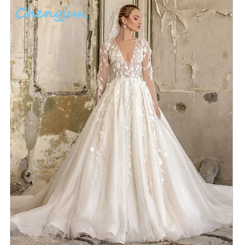

Chengjun 2020 Ivory Princess Lace Bridal Wedding Gowns For Women