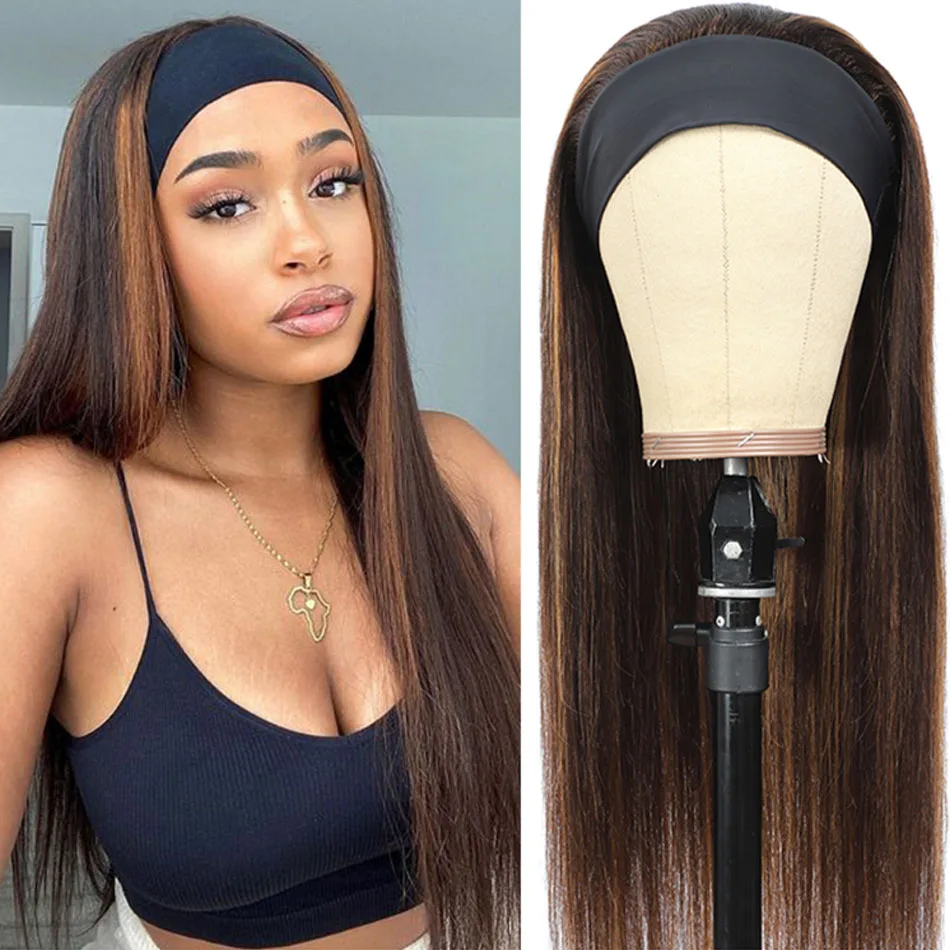 32 inches Ombre Honey Blonde Highlight Straight Headband Wig Human Hair Wigs For Black Women Glueless Scarf Wig Remy Hair Brown