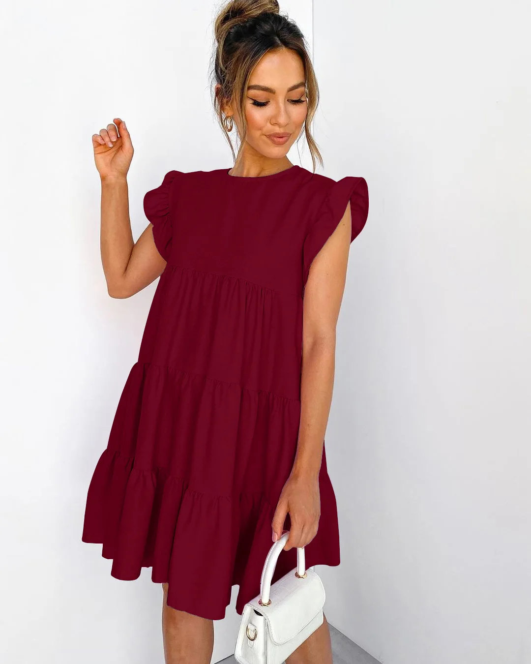 

Women's Summer 2021 New Solid Color Mini Skirt Fashion Hot Style Hot Sale Lotus Leaf Sleeve Pleated Dress Women's Clothing