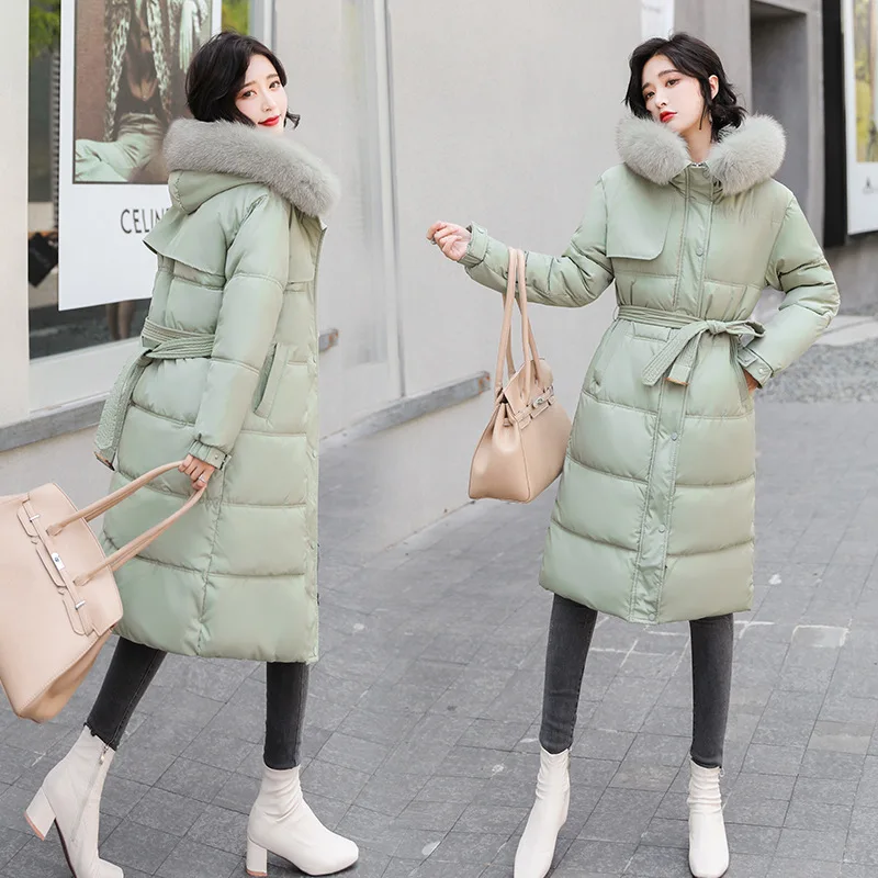 

Women Long Winter Coat Detachable Fur Collar Hooded Belted Windproof Down Jacket Oversize Cotton Padded Parkas Outwear