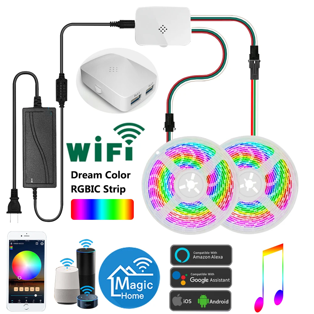 

RGBIC Digital Wifi LED Pixel Strip Lights Running Color Addressable RGB IC Chasing Rainbow Effect 5050 12V 5M 10M Music Sync