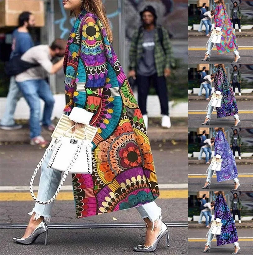 

New women's printed long windbreaker Autumn winter fashion Street wear women's casual fashion printed coat