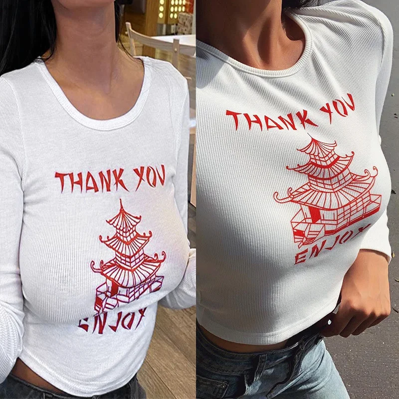 

White Chinese Building Thank You Print T Shirt Women Bodycon Casual T-Shirt Femme Streetwear Tops Tee Shirt Summer