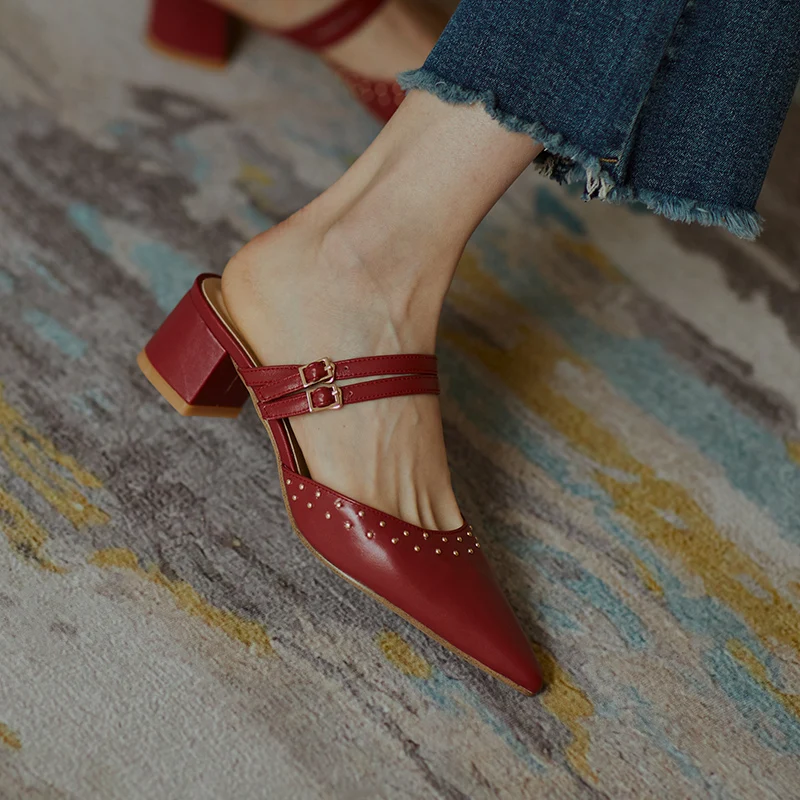 

4.5cm high heels Mules Shoes Women slippers ladies slippers Genuine leather poined toe Spring Summer Pumps Nigh Club Shoes Woman
