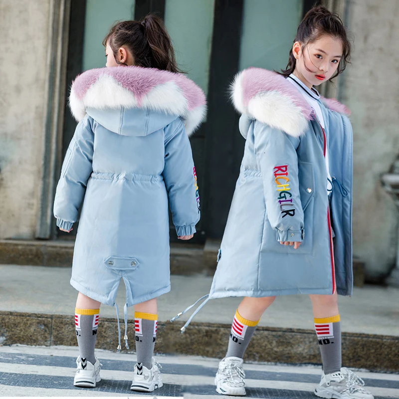Детская одежда до 30 градусов зимний теплый длинный пуховик с меховым воротником