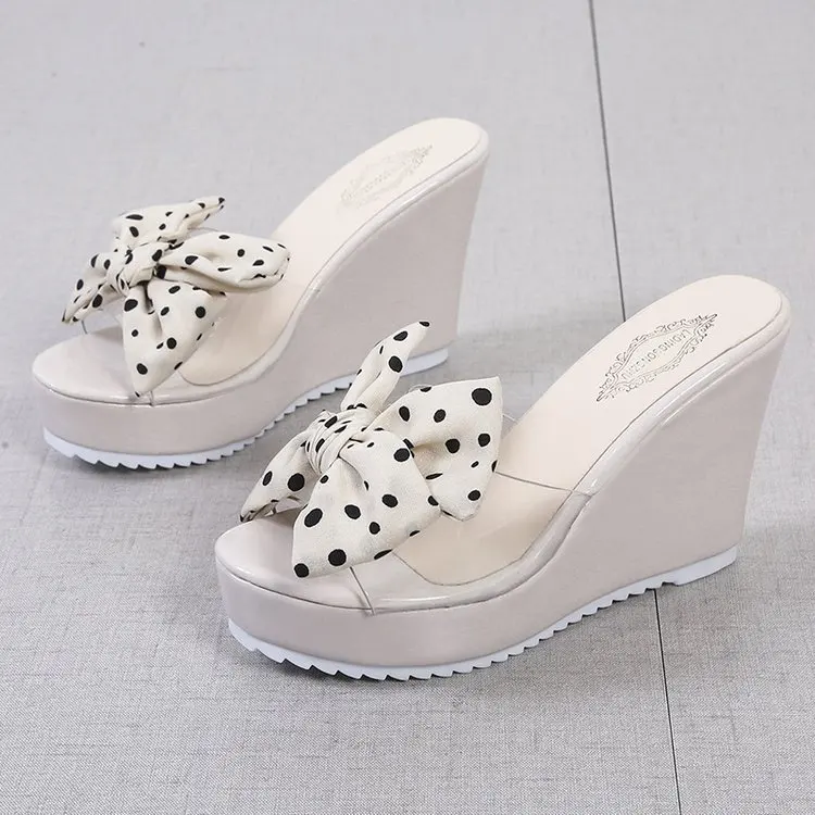 

Female Shoes Low On A Wedge Slippers Casual Platform Women Heels Butterfly-Knot Slides 2021 Luxury High PVC PU Rubber Fashion Ba