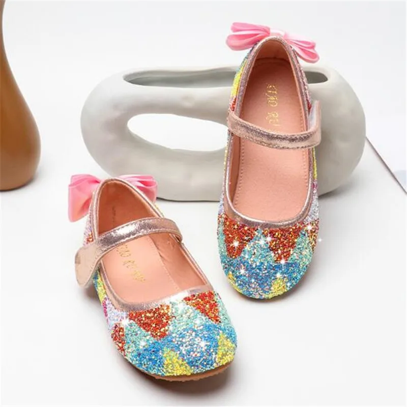 

New Girls Glitter Princess Shoes Children Soft bottom Toddler Breathable Flats Student Bow Party Dance Kids Leather Shoes 041