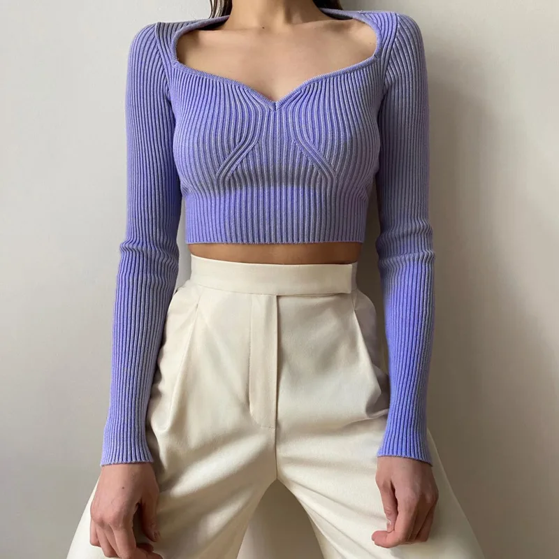 

Baldauren 2022 Sexy irregular Knitted Crop Top Women Solid T-shirts Women Clothes Laidies Pullover Sweater Long Sleeve Tops