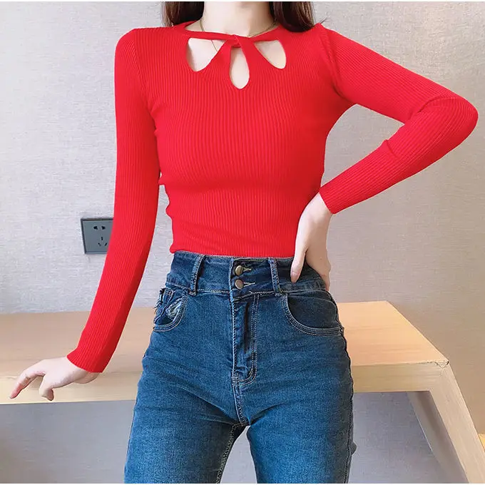 

Women's O-neck Slim Stretch Small Sexy Pullover Hollow Solid Color Sweater Bottoming Shirt Ladies New Autumn Winter