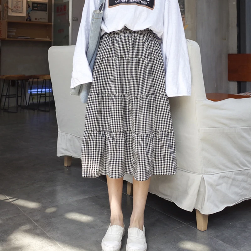 

Women Female Korean Style Leisure Students Womens Skirt Chic Elastic Waist High Quality Plaid Simple All-match Soft Skirts
