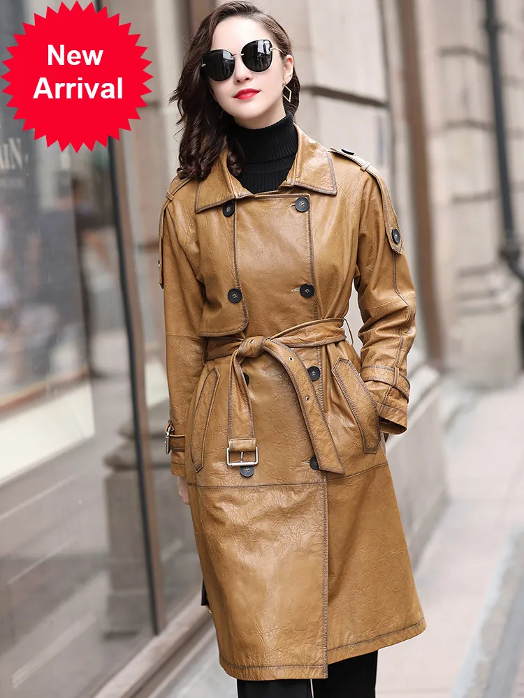 

2020 fashion leather coat women's autumn coat mid-length casual belt sheepskin windbreaker