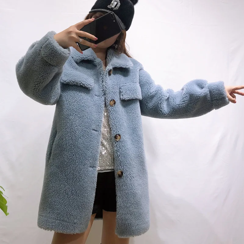 

Women Jacket Wool Fur Coat Winter Loose Thick Warm Fur Medium Long Solid Color Turndown Collar Coat M43