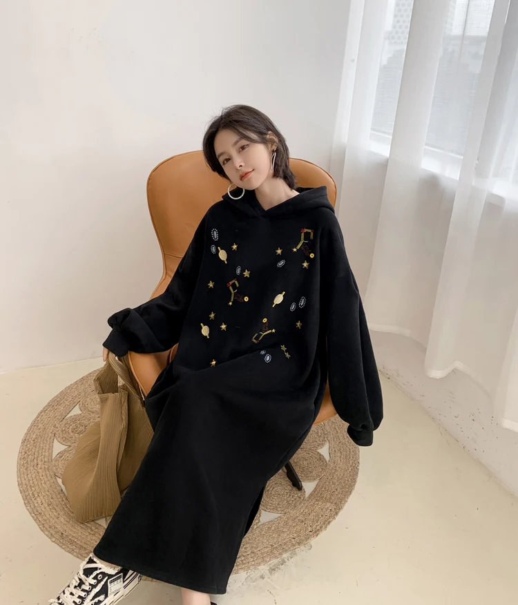 Black Starry Sky Embroidery Hooded Dresses Women Long Sleeve Casual Loose Dress Autumn Winter Warm Side Split Midi Dress