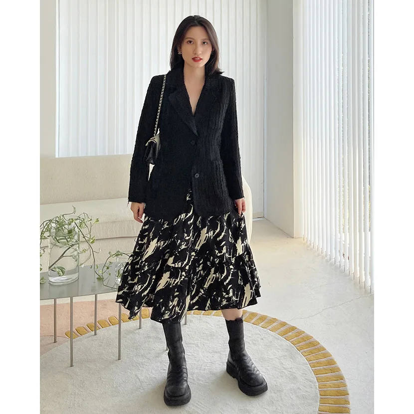 Новые твидовые куртки пальто Переплетенные на осень 2022 черная шерстяная