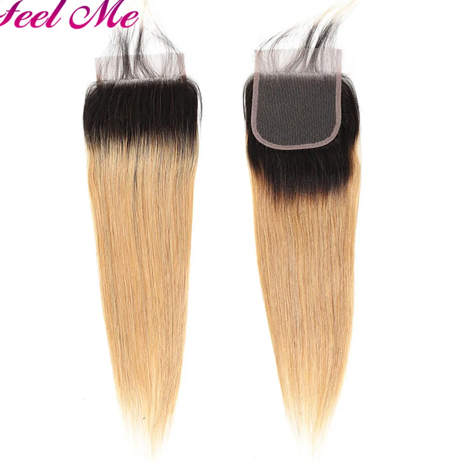 Feel Me Ombre Peruvian Straight Human Hair Bundles With Closure 1b/27 Honey Blonde Bundles With Closure Non Remy Hair Extensions