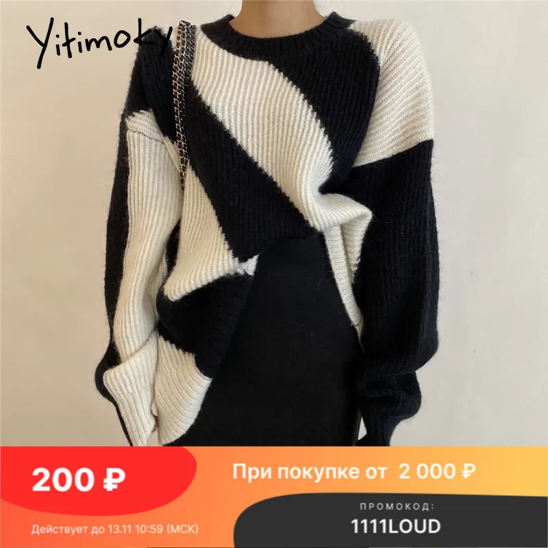 

Yitimoky 2021 осень-зима модные женские свободные свитера с круглым вырезом Полосатый пуловер оверсайз с длинным рукавом вязаные топы