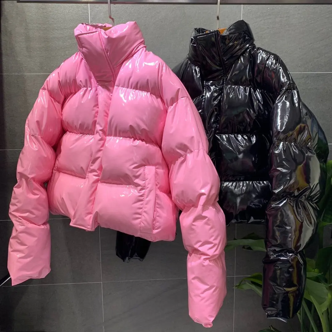 

Glossy White Goose Down Winter 2020 Short Stand Collar Breand Loose Thicked Warm Parkas Women Puffer Jacket Pink Street Outwear